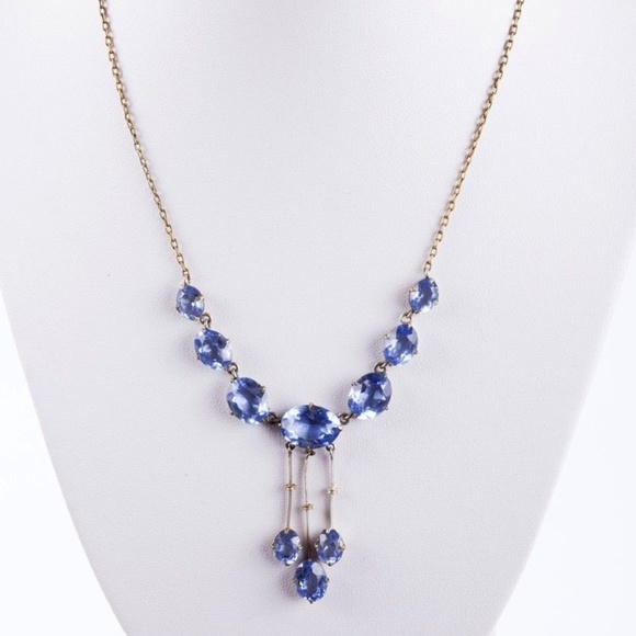 Art Deco Brass and Blue Paste Drop Necklace